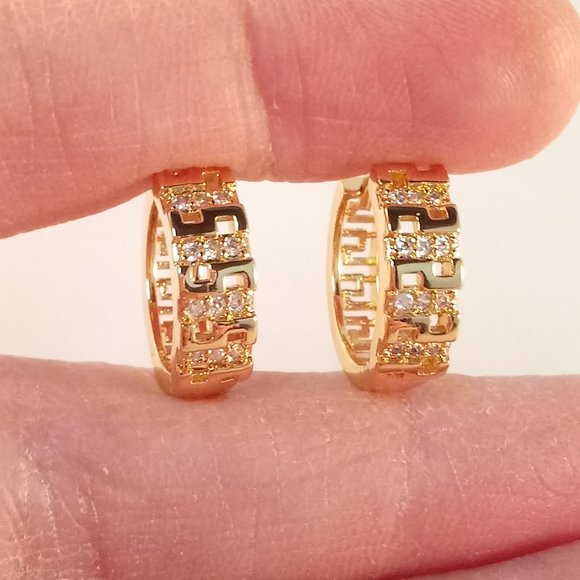 Jewelry - 18K Yellow Gold Filled Greek Key Diamond Zircon Hoop Huggie Earrings Gorgeous